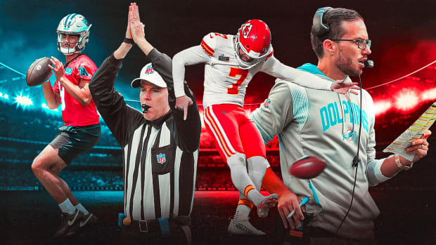 A graphic of Bryce Young in a practice jersey, an NFL ref signaling a safety, Harrison Butker kicking a field goal and Mike McDaniel looking at a play sheet.
